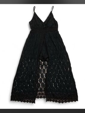 Black Lace Romper Maxi Dress Small Sleeveless Wrap Smocked Waist Sweetheart